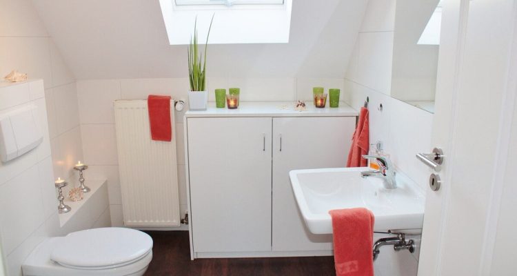 Domů 4 Moderní koupelna s bílým designem, střešním oknem a barevnými doplňky pro svěží a útulný vzhled.